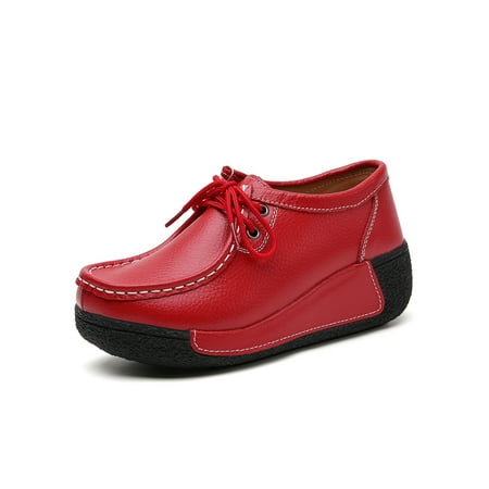 

Daeful Women Non Slip Round Toe Boat Shoes Walking Comfort Flats Driving Lightweight Casual Leather Shoe Red 5.5