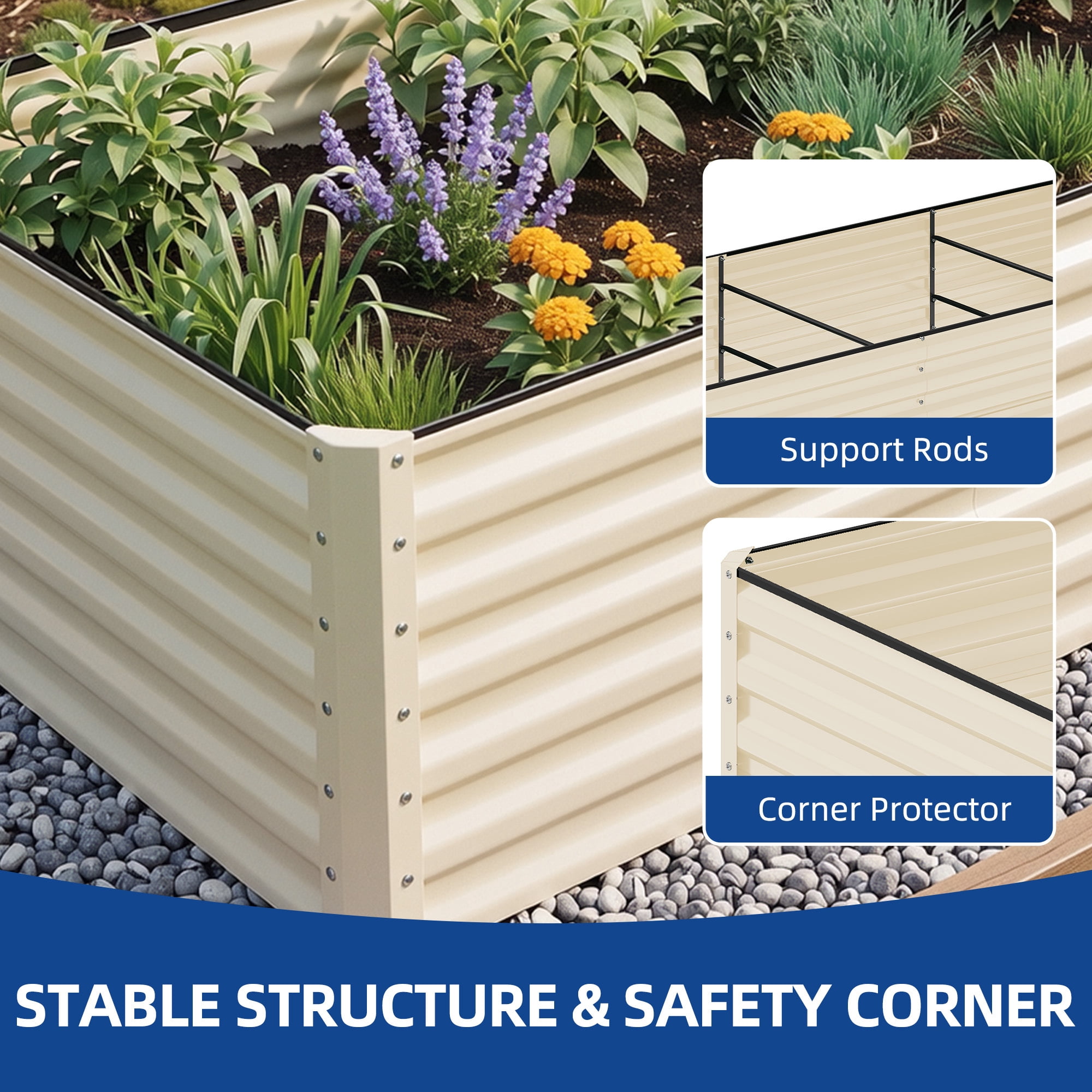 8X4X2FT 1 Pack Galvanized Metal Raised Garden Bed Kit with Gardening Gloves, Support Rod & Safety Rubber, Outdoor Above Ground Planter Box for Plants Vegetables Flowers, Cream White