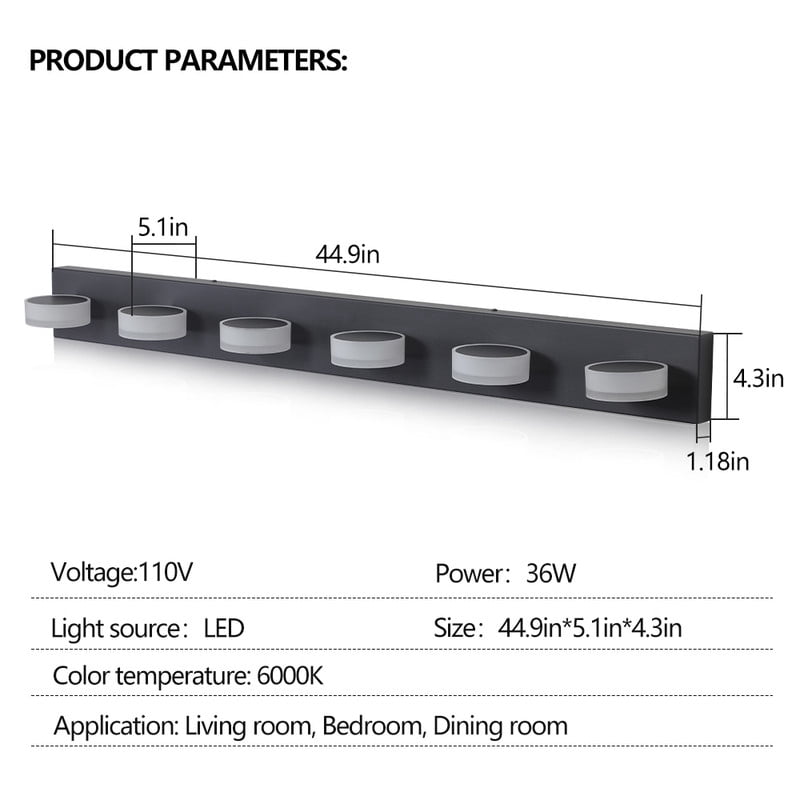 45" Modern Black LED Vanity Light, 6-Light Bathroom Wall Fixture for Mirror and Shower, Sleek Design, Energy Efficient, Easy to Install, Bathroom Decor Lighting