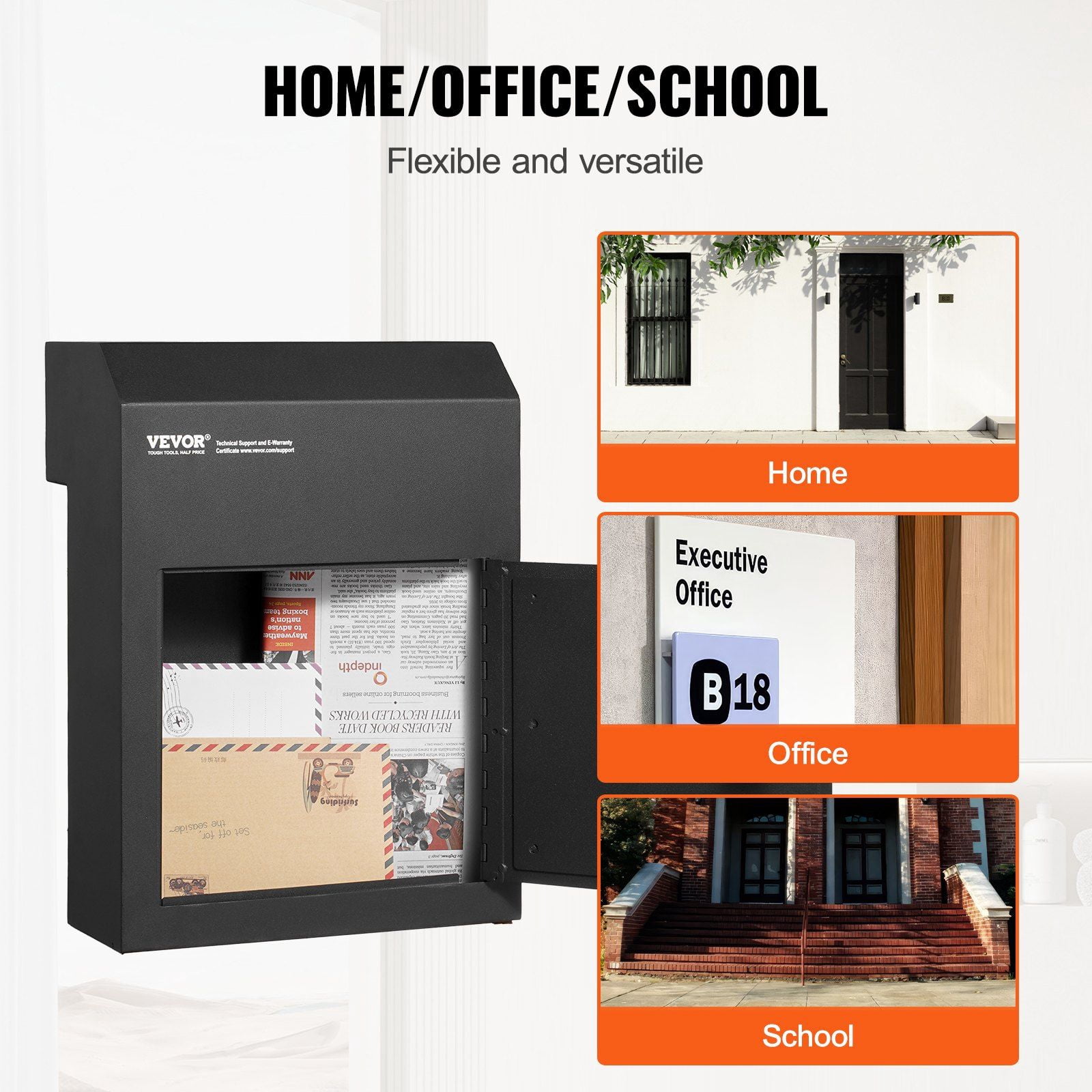 Heavy Duty Through The Door Key Drop Box, 12" Lockable Mail Slot, 12x6x16" Steel Mailbox, Black - Secure Package Delivery