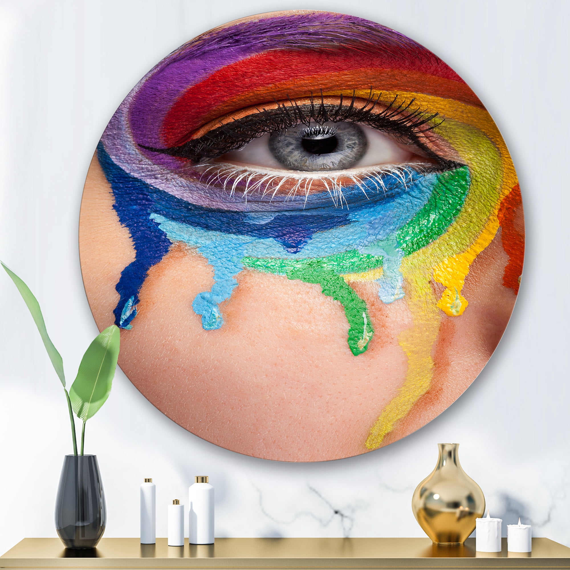 Designart 'Close Up Eye With Colourful Cry In A Wheel Arround' Modern Circle Metal Wall Art 29x29 - Disc of 29
