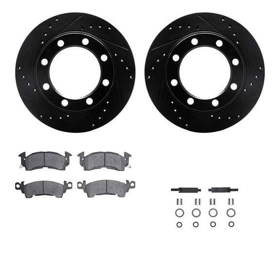 Dynamic Friction Company Front Brake Rotors-Drilled and Slotted-Black with Heavy Duty Brake Pads includes Hardware 8212-48163