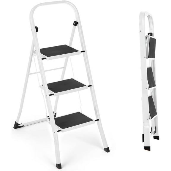 WAYPLUS 330lb Capacity 3 Step Steel Ladder, Folding Portable Step Stool w/ Non-Slip Feet, Rubber Pads