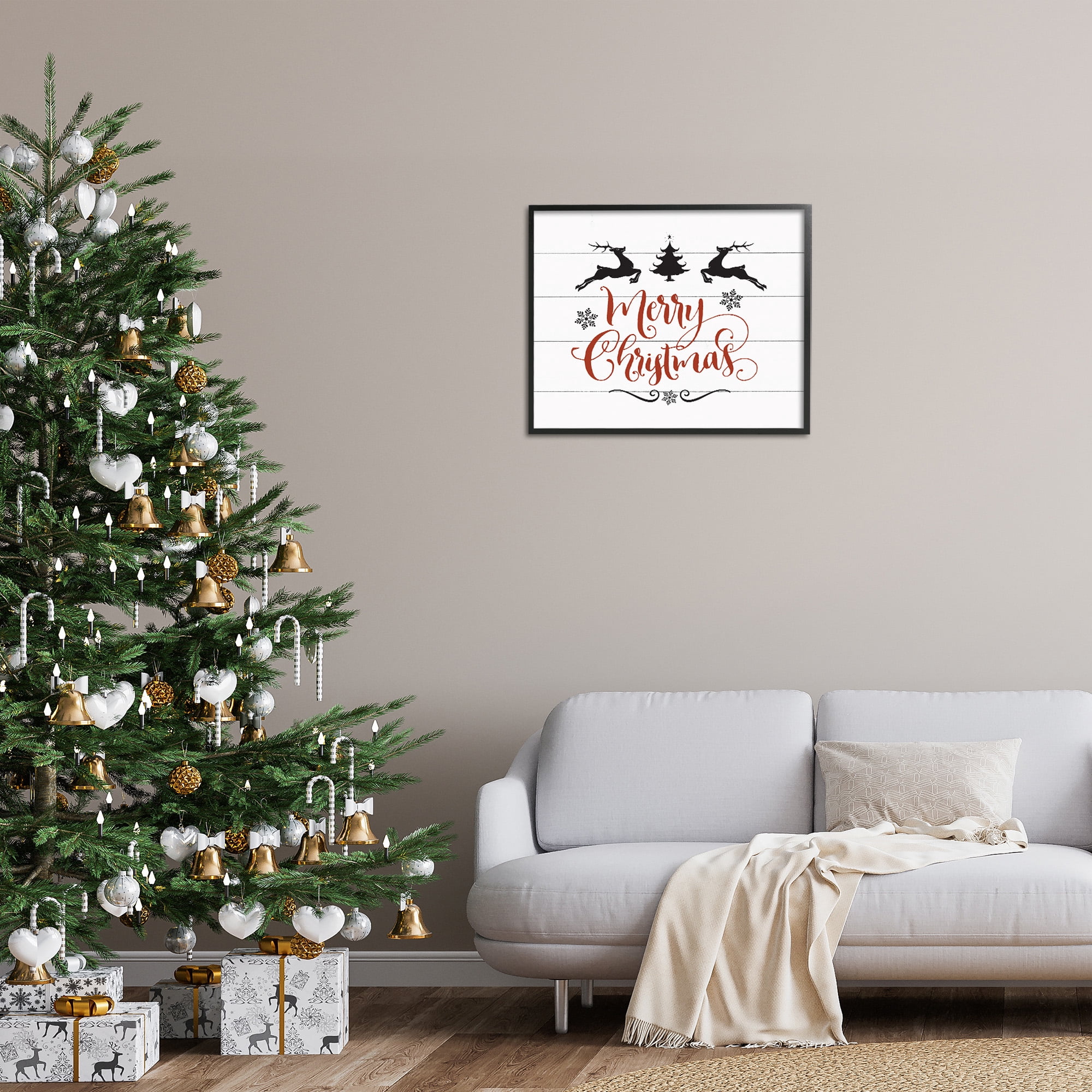 Stupell Industries Merry Christmas with Reindeer Holiday Painting Black Framed Art Print Wall Art, 30 x 24