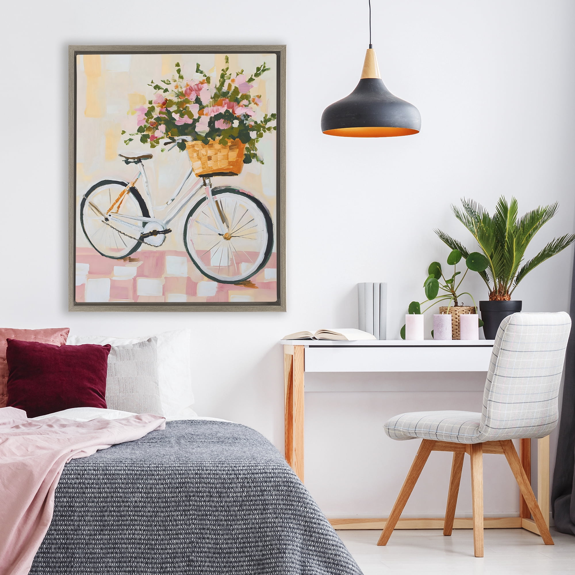 Stupell Industries Blooming Bicycle Basket Brown Framed Floater Canvas Wall Art, design by The Prints Vibe