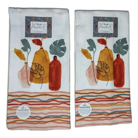 Set of 2 Sierra VASES Watercolor Leaves Terry Kitchen Towels by Kay Dee Designs