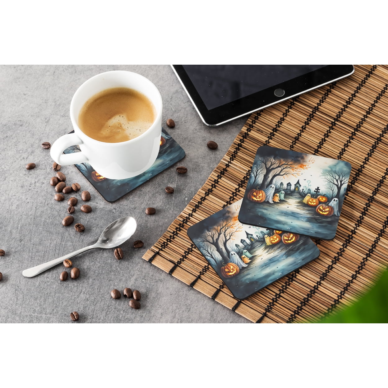 Ghosts Spooky Halloween Foam Coaster Set of 4 3.5 in x 3.5 in