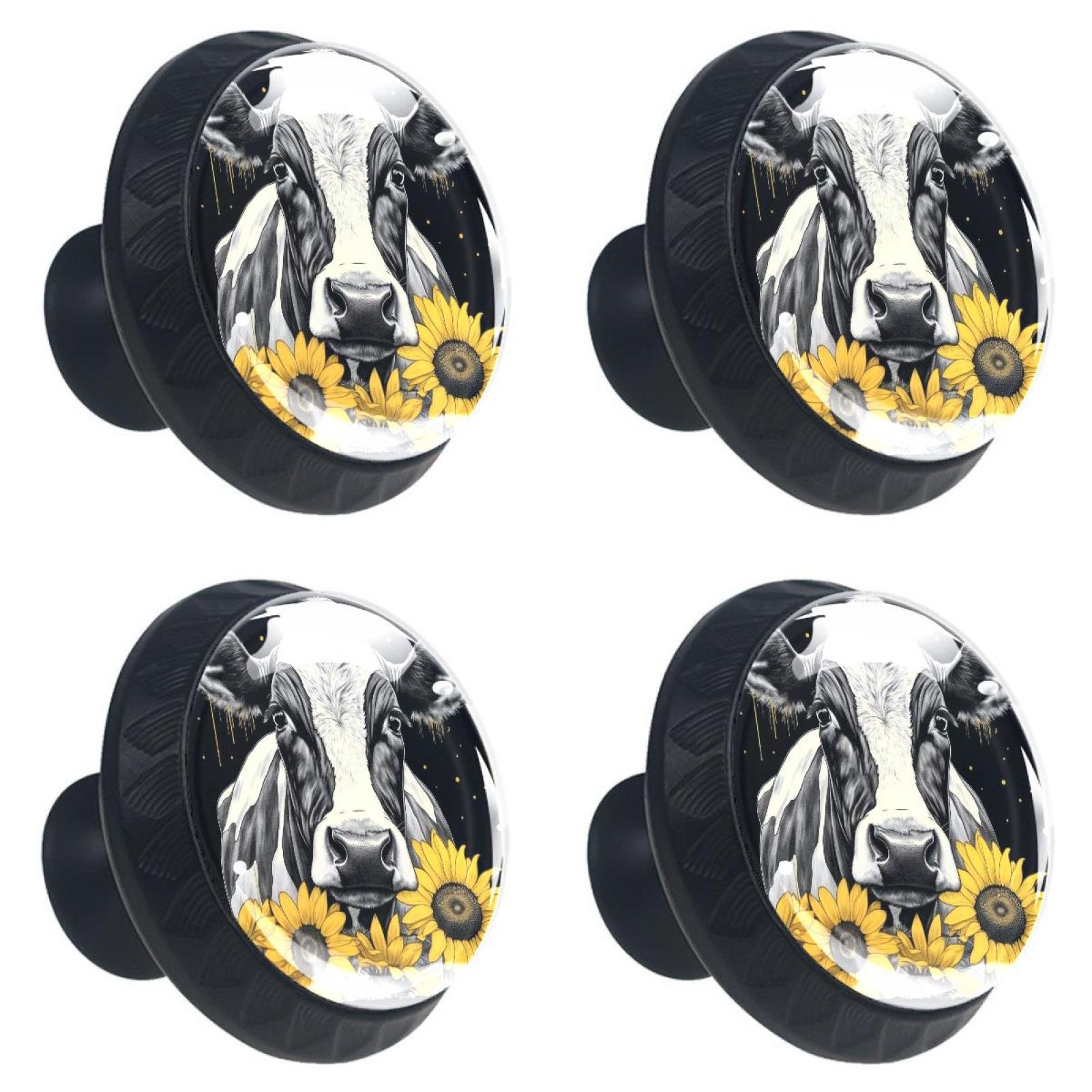 4 Pcs Cow and Sunflower Knobs for Kitchen Cabinet Cupboard Dresser Bookcase Drawer Pulls Handles Round Home Decor