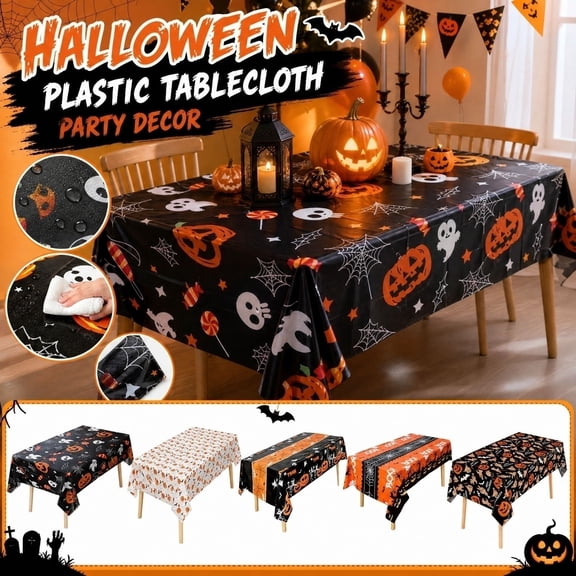 Mskk Halloween Ghost Pumpkin Plastic Tablecloth, 108×54 Inch Rectangle Disposable Table Cover, Spider Web Candy Printed Waterproof Table Cloth For Halloween Dinner Party Dining Table Home Decoration