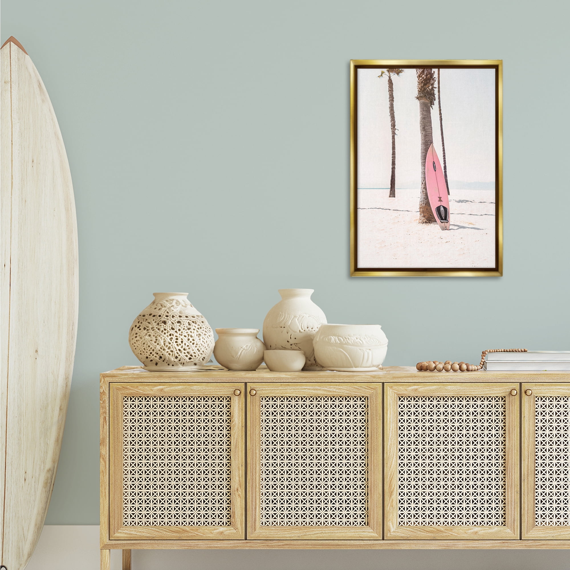 Stupell Industries Pink Surf Board Coastal Photography Gold Floater Framed Canvas Art Print Wall Art, 21 x 31