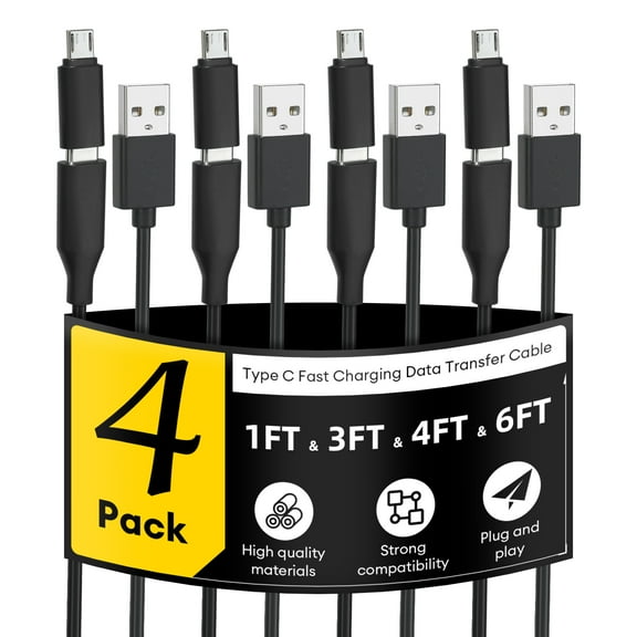 Multi USB Charging Cable, 4Pack-1.6FT 3.3FT 4.9FT 6.6FT, USB 2.0 A to Type C  with Micro B Phone Charger Cord Compatible with  Android & USB-C Devices, Black