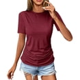 thumbnail image 3 of WHEANG Women's Crew Neck Ruched Short Sleeve Tops, Fashion Blouses Comfort Versatile Daily Outfit Summer Tops for Women, Solid Color Casual T Shirts for Women(Color Red Size 2XL), 3 of 7