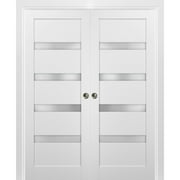 French Double Pocket Doors 48 x 80 with Frames | Quadro 4113 White Silk with Frosted Opaque Glass | Kit Trims Rail Hardware | Solid Wood Interior Pantry Kitchen Bedroom Sliding Closet Sturdy Door