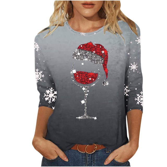 Puntoco Camiseta de mujer con cuello redondo, manga 3/4 y estampado navideño, jersey de cuello redondo, camiseta de manga larga con cuello redondo