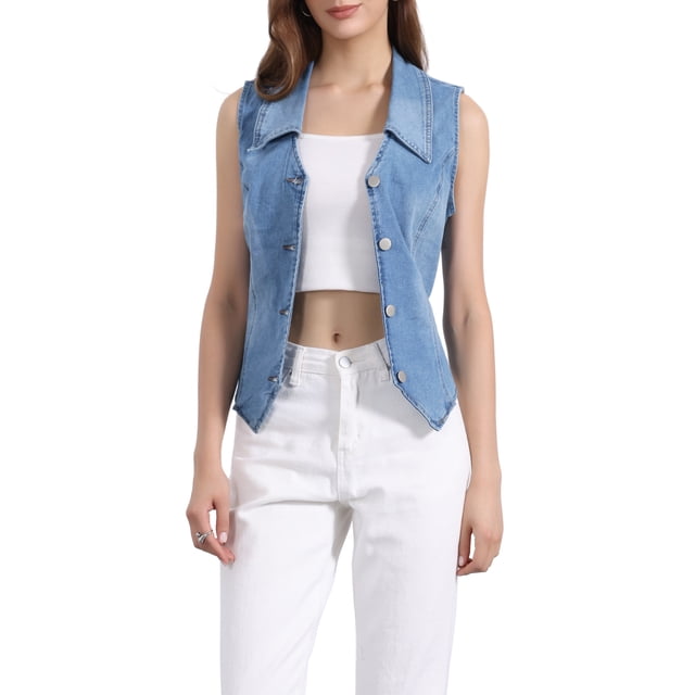 Chaleco sin mangas de mezclilla lavado para mujer INSPIRE CHIC, con cuello en V y botones, talla M, azul claro