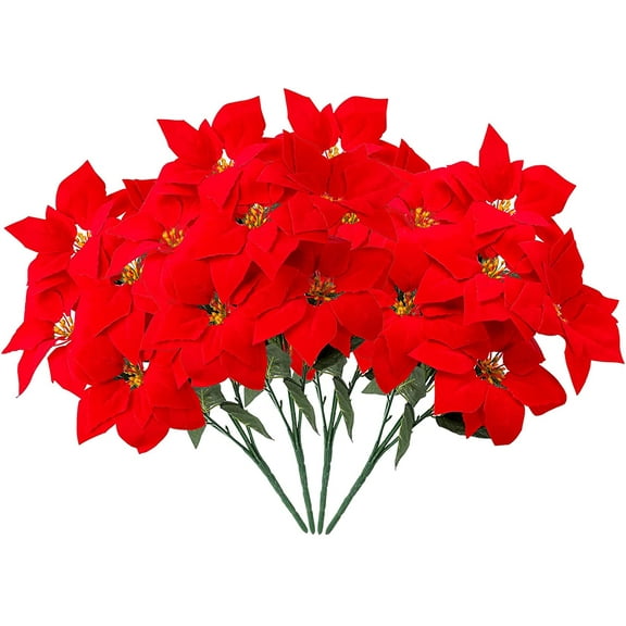 4 pcs Artificial Poinsettia Flowers, 7 Heads Fake Poinsettia Bouquet Red Christmas Flowers for Home Door Stair Garden Christmas Tree Decoration