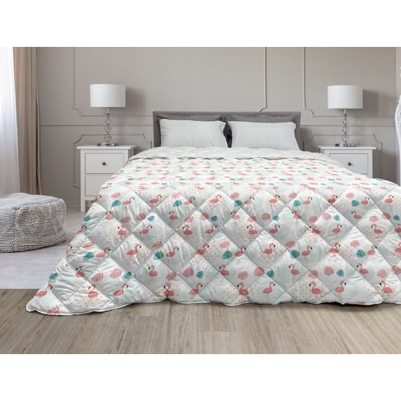 Floral Down Alternative Comforter, Pastel Flower Bouquets Beauty Blooms Flourishing Romance Season Art, Microfiber Quilt for All Season, 5 Sizes, Pastel Pink and Mint Green, by Ambesonne