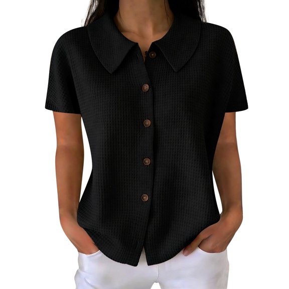 Women's Waffle Button Down Collared Shirt Short Sleeve Casual Blouse Loose Fit Lightweight Waffle Knit Gauze Shirts Summer Dressy Casual Office Work Blouse Business Camping Clothes Black L