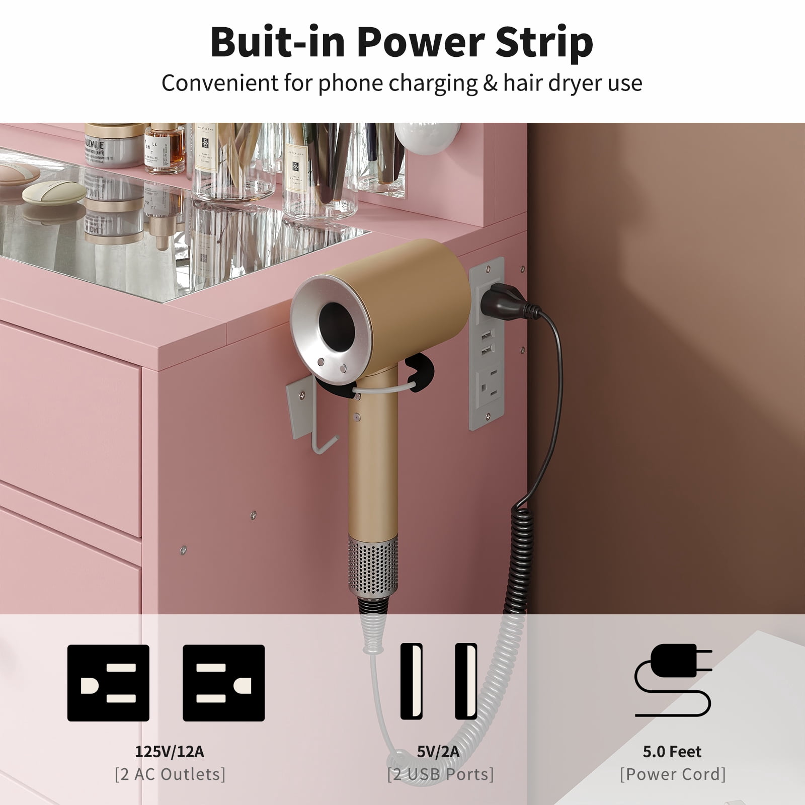 Makeup Vanity with Power Outlet, 9 Drawers Vanity Desk with Mirror and 12 LED Lights, 3 Lighting Modes, Glass Top Vanity Set,Dressing Table with Fold-Up Pane