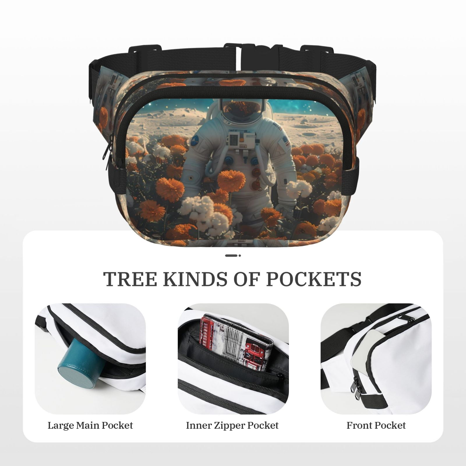 Picia Astronaut Flower Field Print Square Double-Layer Waist Bag Mini Adjustable Waist Belt Bag Exercise Running Travel Hiking