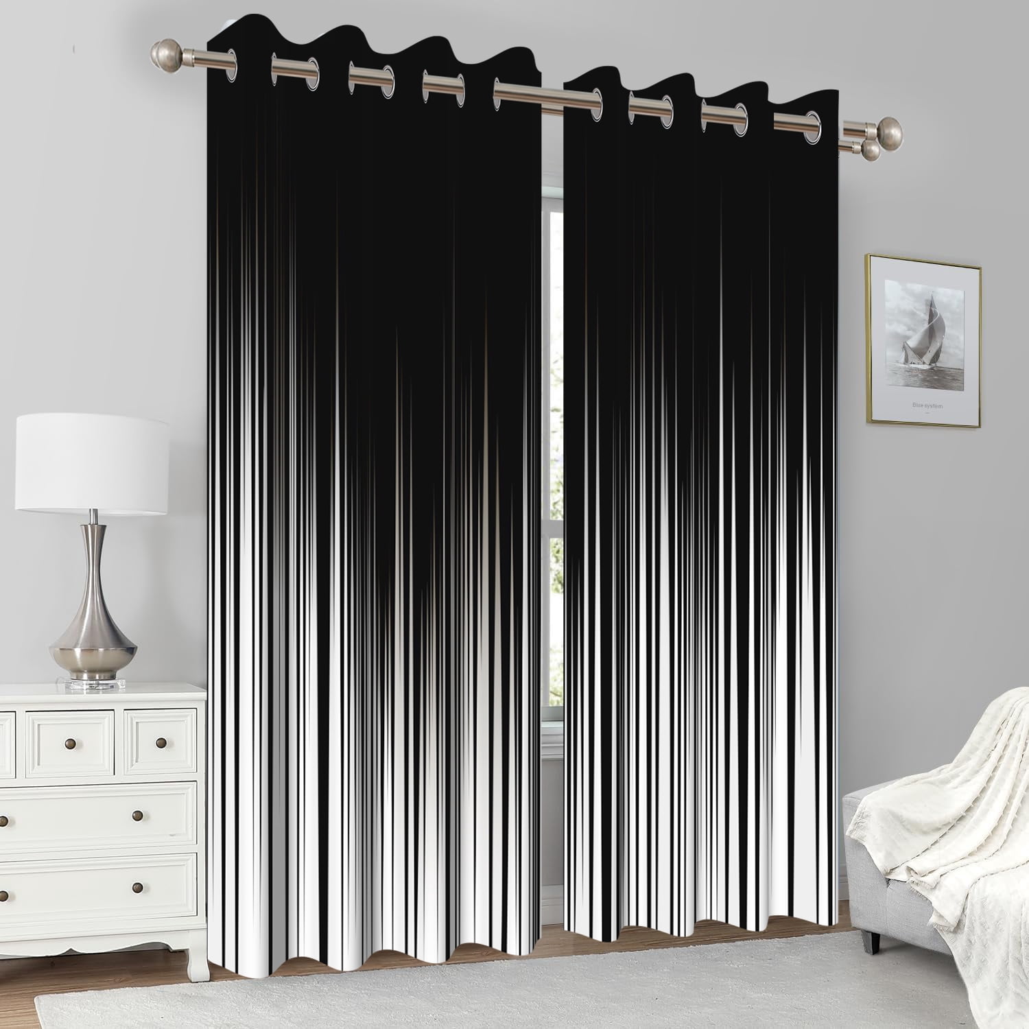 2 Panels Black Gray Abstract Blackout Curtains for Bedroom,Modern Grommet Window Drapes for Living Room,52x84 Inch
