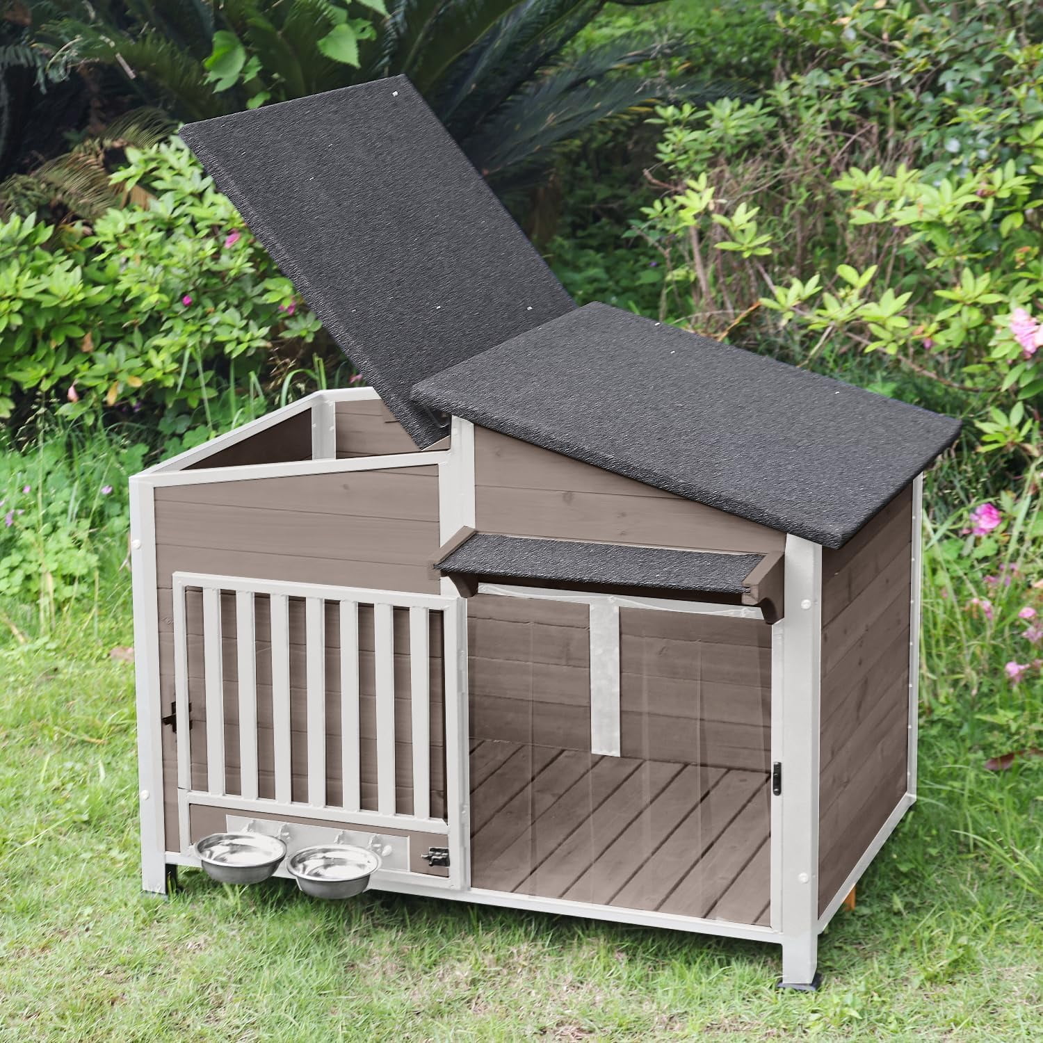 Aivituvin Dog House Outdoor with Bowls Weatherproof Dog Kennel with Anti-Chewing Iron Frame Dog Shelter for Small Medium Dogs(Light Brown)