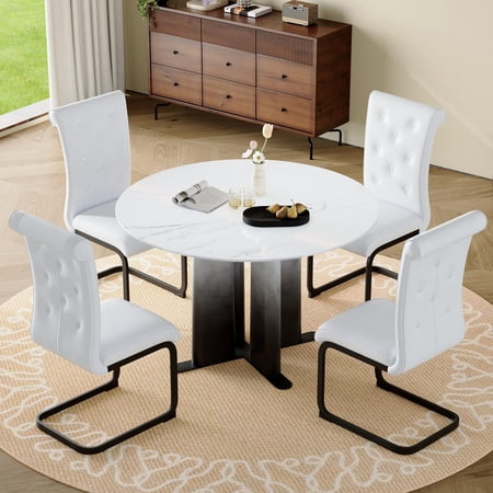 Elegant Round Dining Table Set - 4 Chairs White Marble Look