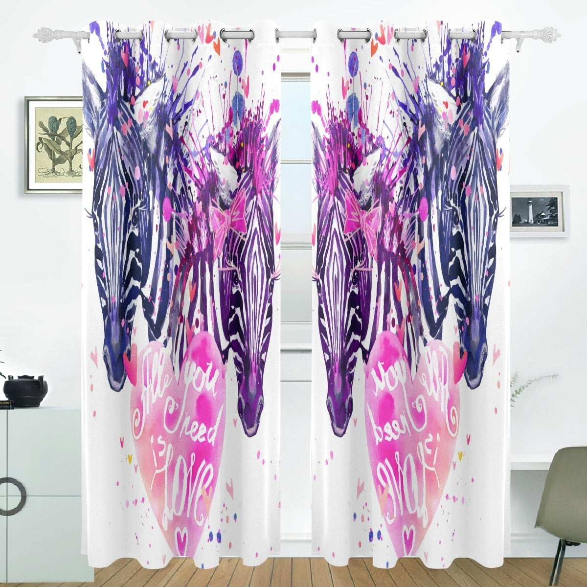 POPCreation Watercolor Love Zebra Window Curtain Blackout Curtains