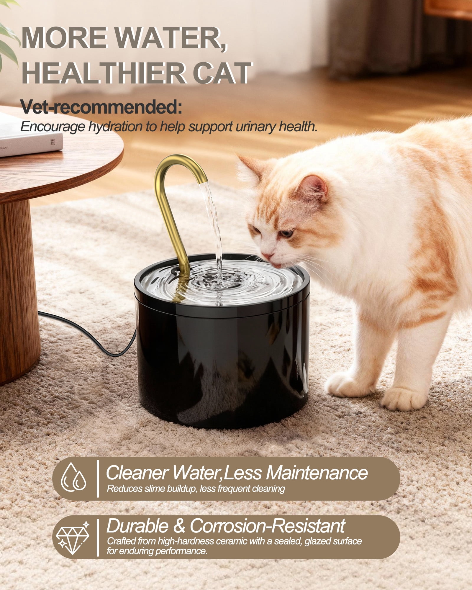 FURCLAN Ceramic Cat Water Fountain - Ultra-Quiet 1.2L/41oz Automatic Pet Fountain with Pure Copper Spout, BPA-Free Non-Toxic Ceramic Bowl for Cats & Puppy ,Black