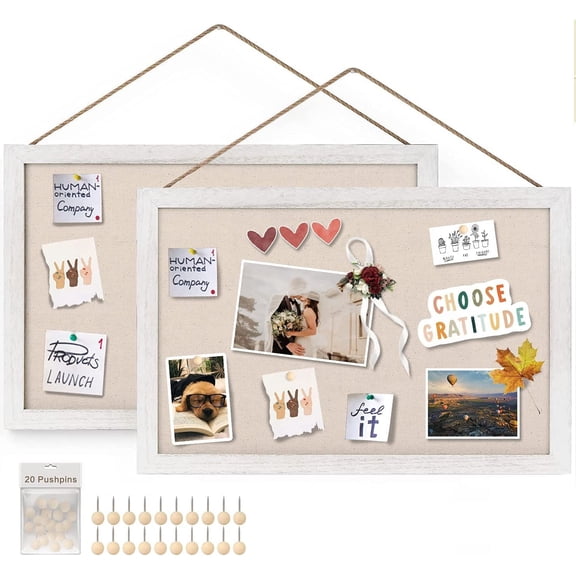 Sfugno Wood Bulletin Boards, 2-Pack Linen Wall Bulletin Board, Decorative Hanging Pin Board, Frame Cork Board Light Bulletin Boards for Home Kitchen Office