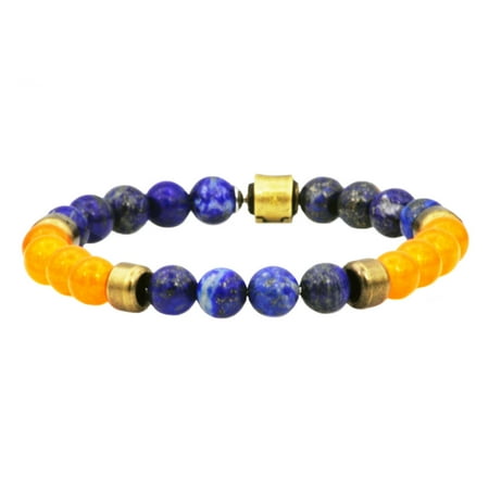 Arista Genuine Lapis Lazuli and Orange Carnelian Beaded Men's Bracelet in Gold Plated Stainless Steel, 8"
