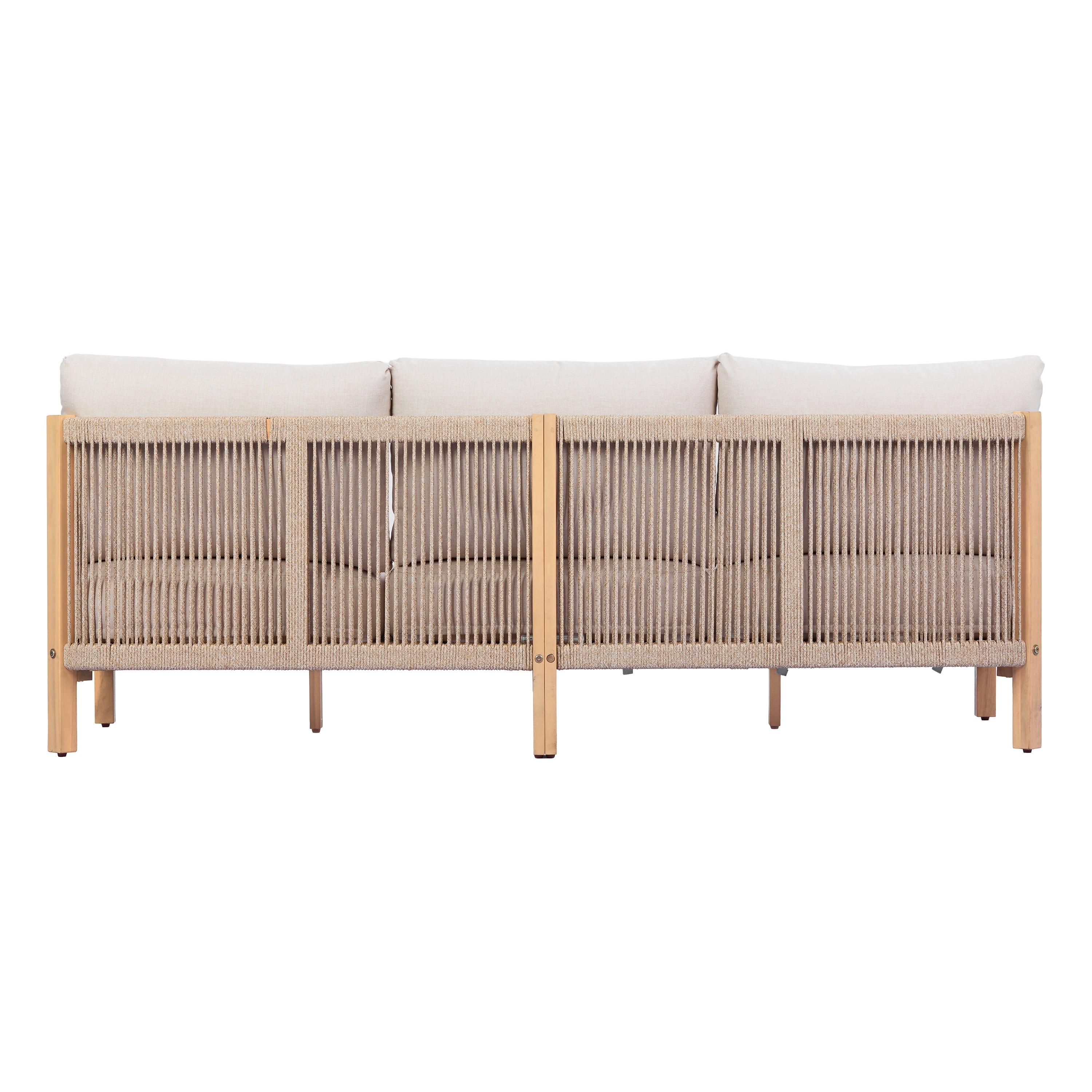 73-Inch Outdoor Acacia Wood 3-Seater Sofa with Rope-Braided Backrest and Beige Cushion, Patio Furniture for Garden, Light Teak