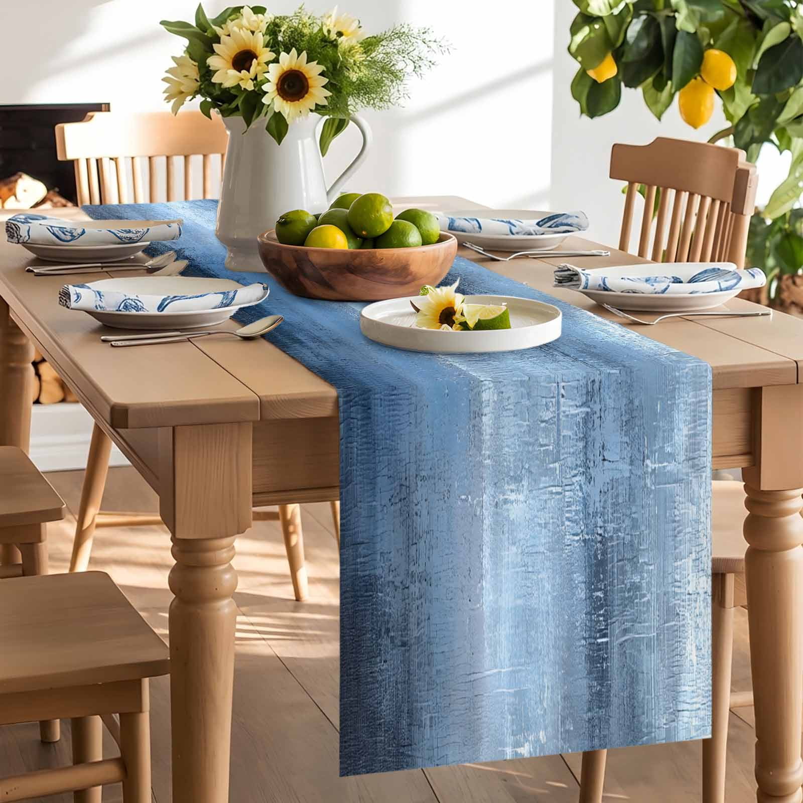 Abstract Blue Grey Oil Painting Table Runner 90 Inches Long, Retro Watercolour Ombre Art Table Runners Tabletop Scarf Kitchen Dining Tables Decoration for Home Party Indoor Outdoor