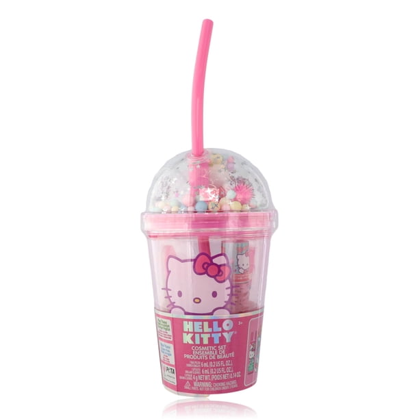 Set de 4 vasos Hello Kitty con esmalte de uñas, brillo de labios, bálsamo labial y lima de uñas para