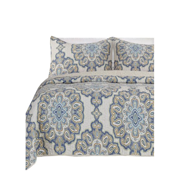 Ensemble de literie Rome de Gouchee Home – couette bleu en coton prélavé avec élégant motif médaillon, couvre-lit léger toutes saisons et taies d'oreiller assorties
