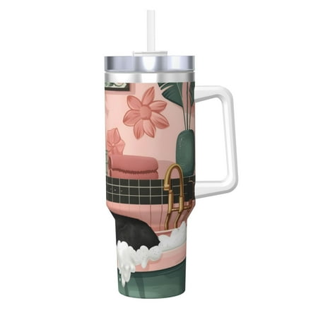 

Fuzoiu Black Cat Pink Bathroom Print 40OZ Ice Bully Stainless Steel Insulated Cup with Handle and Straw - Perfect for Travel and Sports