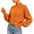 thumbnail image 3 of Women's Mock Neck Cable Knit Sweater, Long Sleeve Cropped Pullover, Loose Button Detail Knitted Jumper, Warm Casual Tops for Fall Winter Daily Wear Orange One Size, 3 of 4