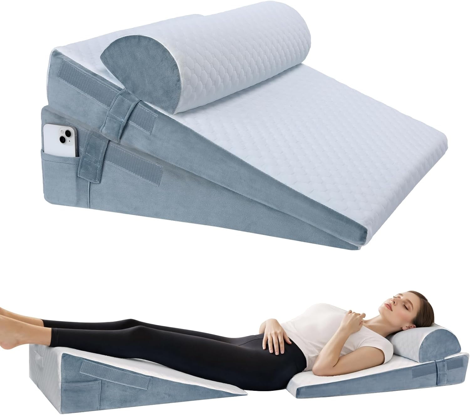 Bed Wedge Pillow for Sleeping, 3 Pcs Adjustable Height 4.5&7.5&12 Inch Triangle Pillow Wedge for Post Surgery, Acid Reflux, Snoring, Legs Pain Relief (Dark Gray)