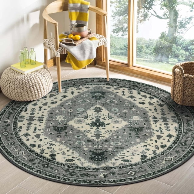 Lahome Boho Tribal Round Rug - 4Ft Soft Bedroom Rug Non Slip Circle Rugs for Living Room, Distressed Soft Washable Indoor Floor Throw Carpet Mat for Nursery Living Dining Room Doorway Kitchen