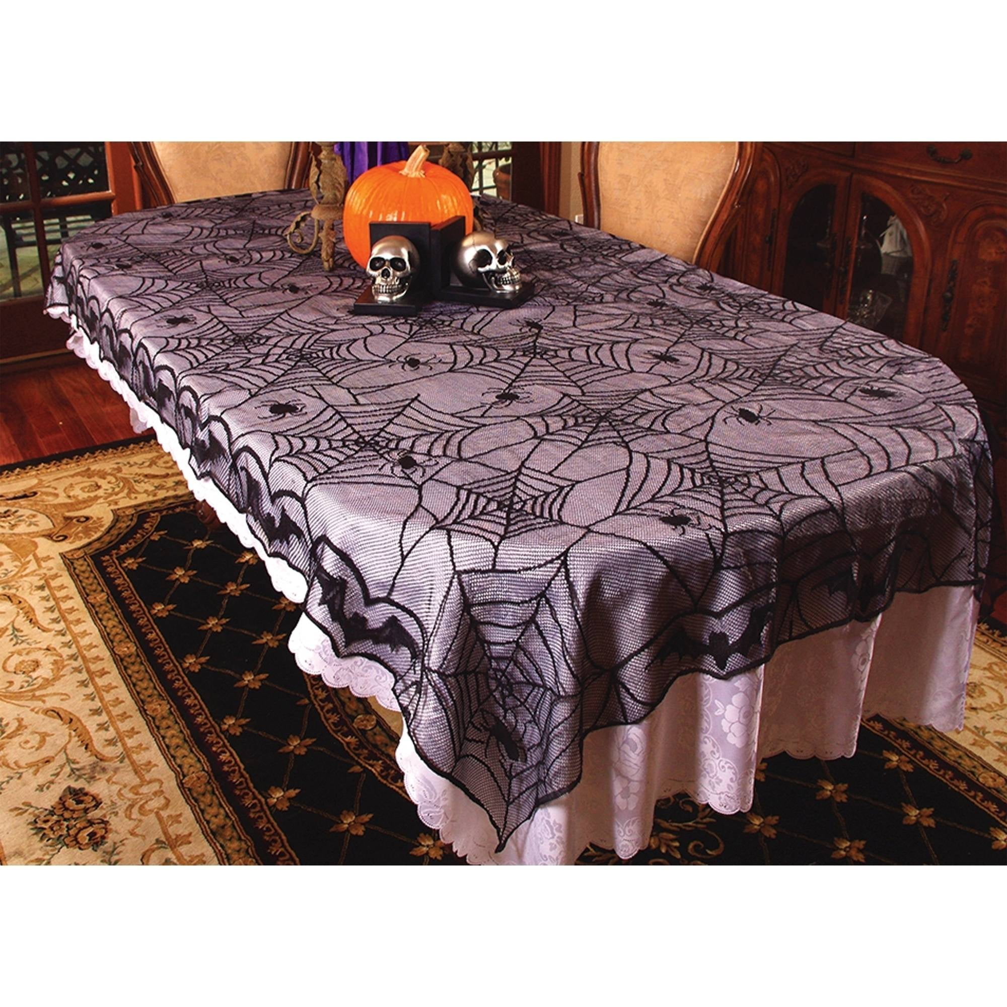 71'' Round Halloween Tablecloth Horror Spider Black Lace Table Cloth Decoration
