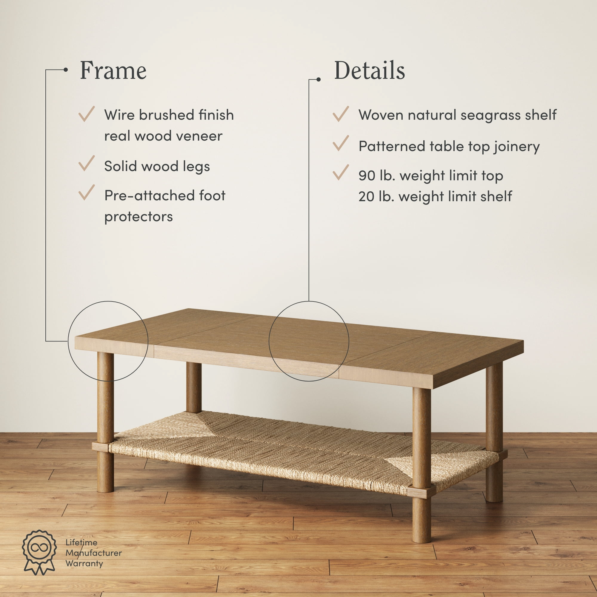 Nathan James Storage and Seagrass Accent Rectangle Coffee Table, Light Brown