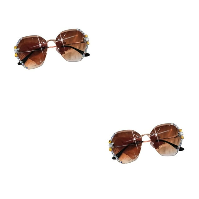 relayinert Protection Sunglass Vintage Rhinestone Glasses For Outdoor Activities Metal Vintage Frameless Rhinestone Glasses sepia 2Set