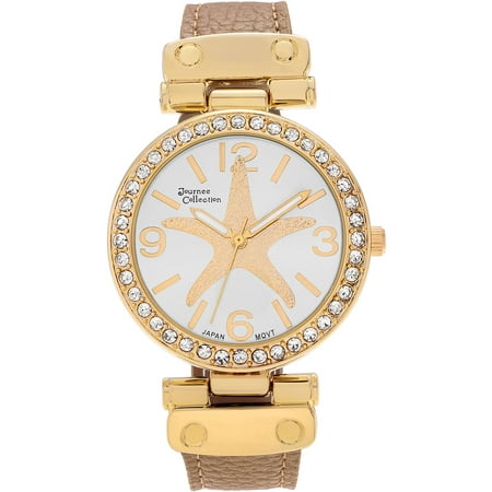 Journee Collection Women's Rhinestone Goldtone Faux Leather Starfish Dial Strap Fashion Watch, Tan