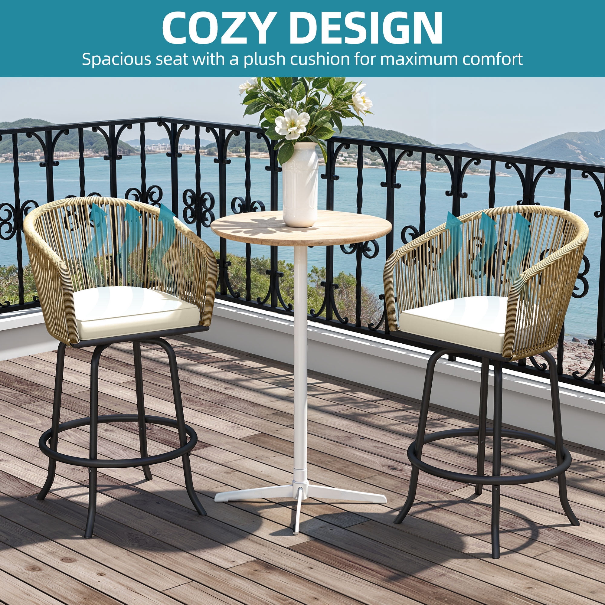 Uforic Set of 2 Beige 360° Swivel Outdoor Bar Stools, Woven Patio Chairs with Cushions & Footrests