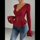 thumbnail image 5 of Camiseta Elegante de Larga con Cuello en V para Mujer, Otoño e Invierno, con Volantes, Corte Entallado y Mangas Acampanadas Vino Tinto L, 5 of 9