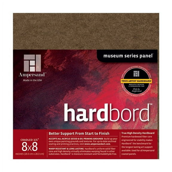 Ampersand Art Supply Hardboard Wood Painting Panel: Museum Series Hardbord, 8" x 8", 3/4 Inch Cradled Profile