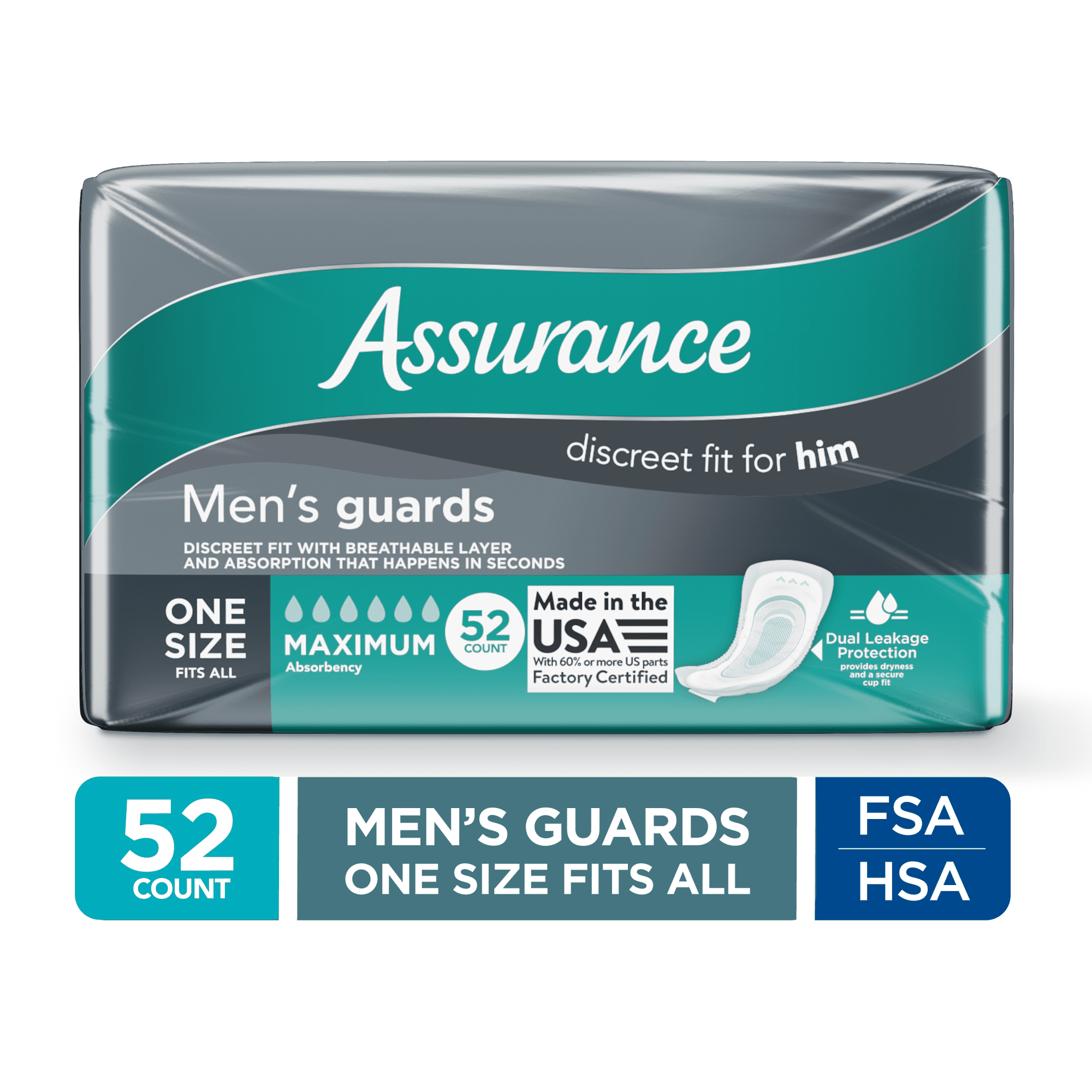 Assurance Men's Guards, Maximum Absorbency, One Size Fits All, 52 Count