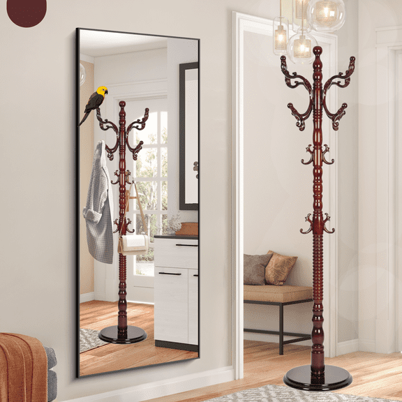 swing 73" Wooden Coat Rack Stand,Coat Racks Freestanding With 14 Hooks And Solid Round Base Heavy Duty Adjustable Height Hall Tree Coat Rack for Entryway Hallway Foyer Office Bedroomf