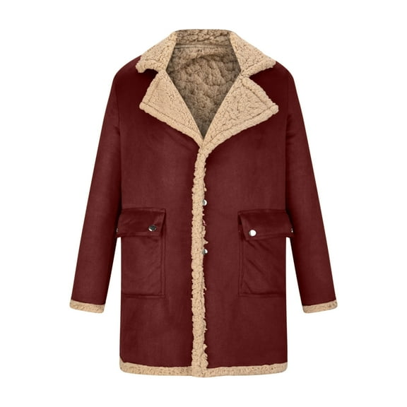 RYRJJ Men's Shearling Leather Coat Faux Suede Sherpa Lined Winter Thicken Warm Lapel Sheepskin Bomber Jacket with Pockets(Red,S)