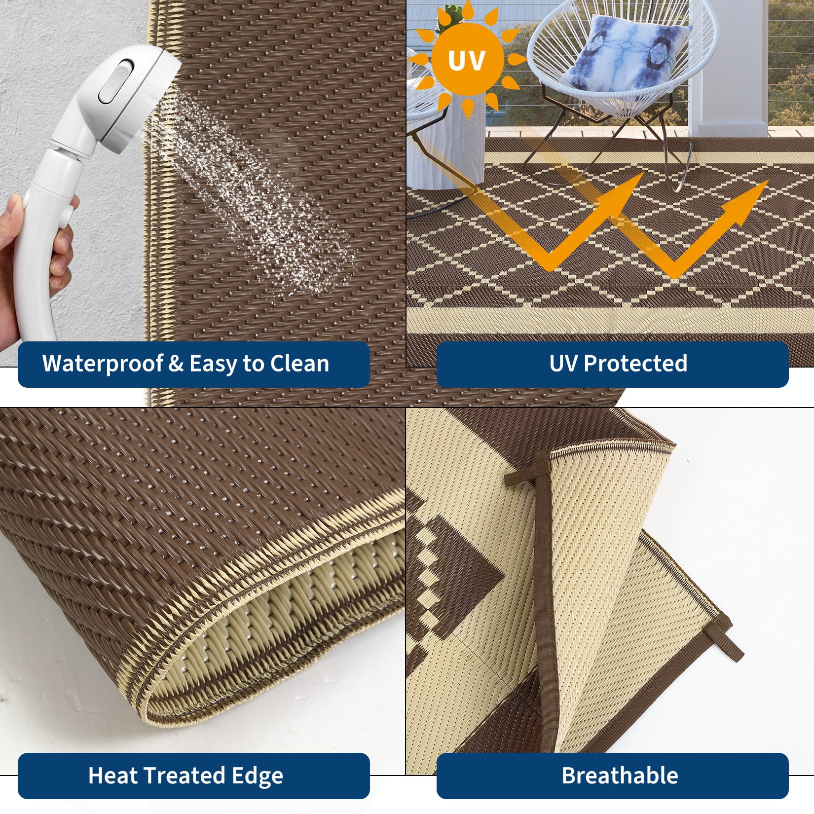 HIWEAVER 9' x 18' Brown Outdoor Rug PP Plastic Straw Woven Waterproof Patio Rug with Border Portable Outside Carpet for Balcony Deck Picnic Garden Decor